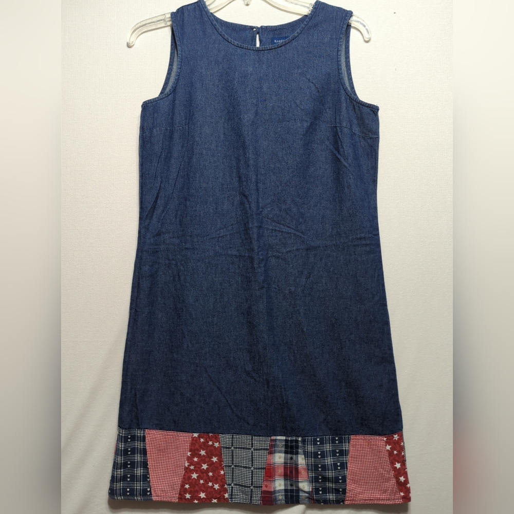 Karen Scott SM Denim Sleeveless Patchwork Stars Plaid Americana Shift Dress 586